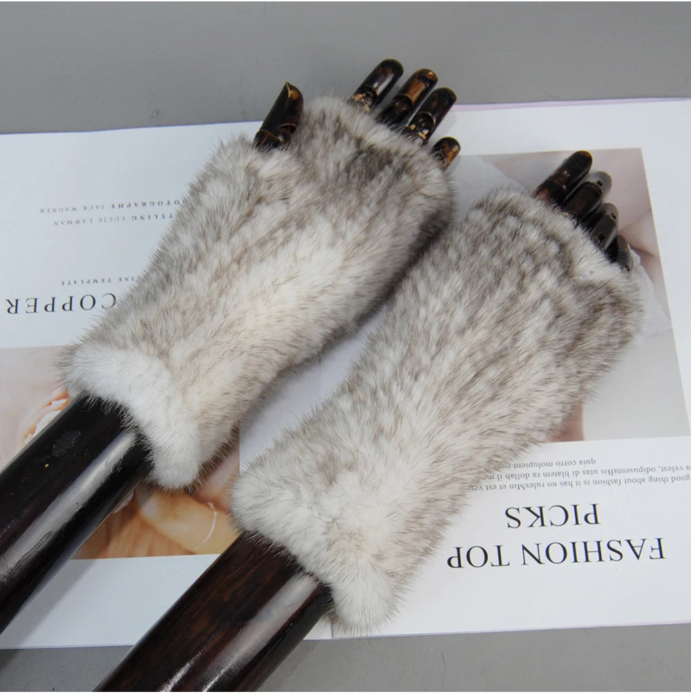 Women’s Winter Mink Fur Gloves – 100% Natural Fingerless Knitted Mittens for Warmth