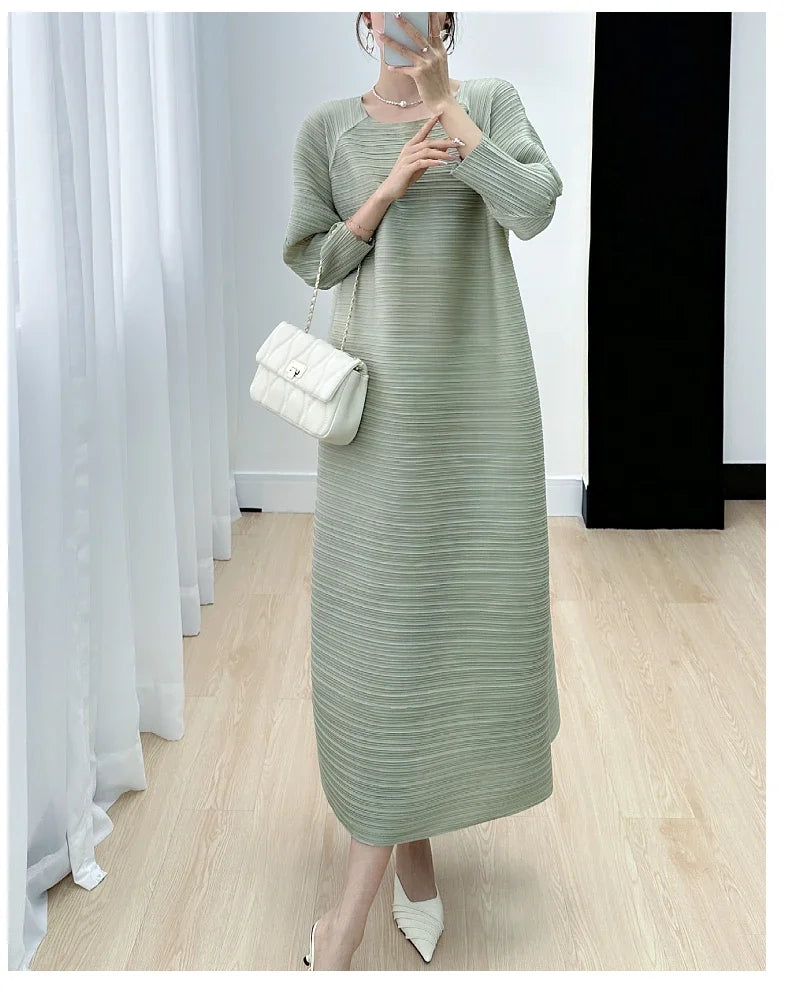 2023 Women's Miyake Pleated Long Dress – Full Sleeve, Round Neck, Korean Fashion, Plus Size Summer Style