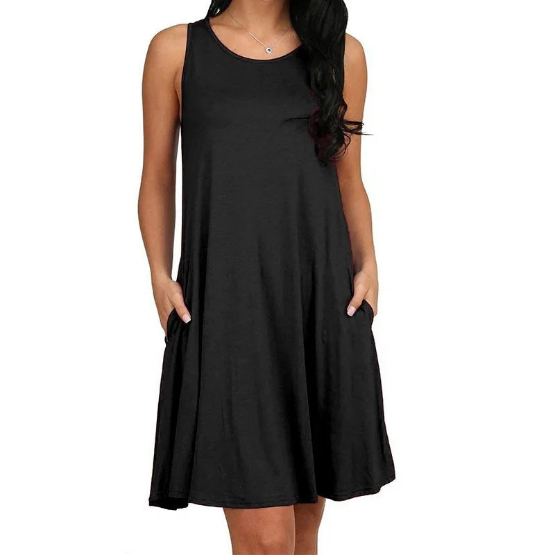 Women's Summer Casual T-Shirt Dress - Sleeveless Pleated Beach Cover-Up with Pockets
