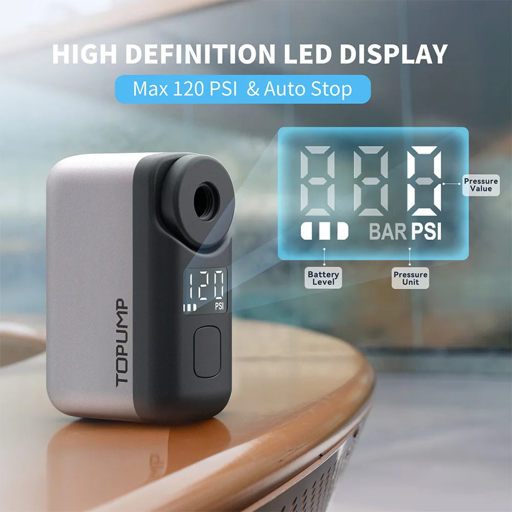 TOPUMP TB2 Pro Mini Electric Tire Pump - Portable Cordless Bike Inflator with 120 PSI & Digital Screen