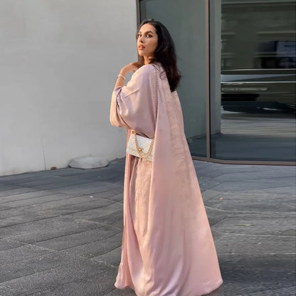 Women’s Shiny Satin Open Kimono Abaya – Luxury Dubai Ramadan Muslim Kaftan Dress
