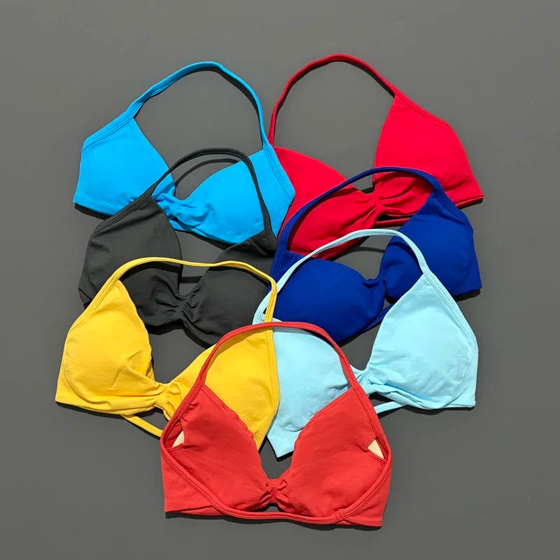 Histello Women’s Strappy Sports Bra - Seamless High-Support Yoga, Running and Workout Halter Top