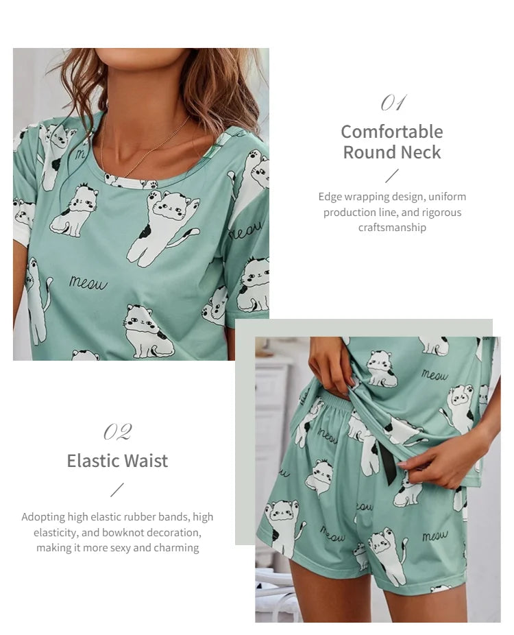 Women's 2-Piece Pajamas Set – Short Sleeve Cartoon Print Top and Pants Sleepwear Loungewear