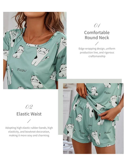 Women's 2-Piece Pajamas Set – Short Sleeve Cartoon Print Top and Pants Sleepwear Loungewear