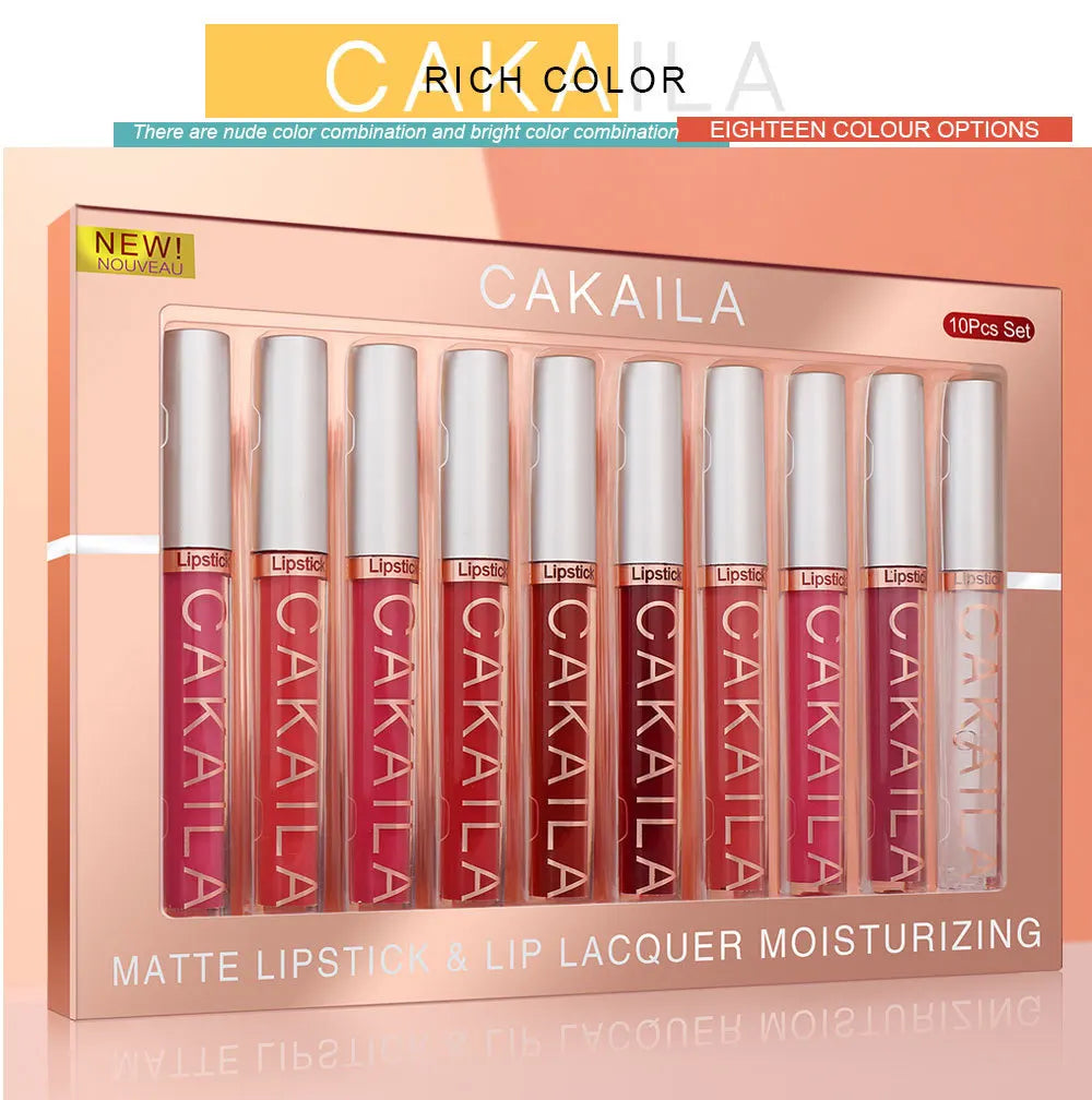 CAKAILA 10-Piece Nude Matte Lip Gloss Set – Waterproof Velvet Liquid Lipstick & Moisturizing Lip Tint for Women