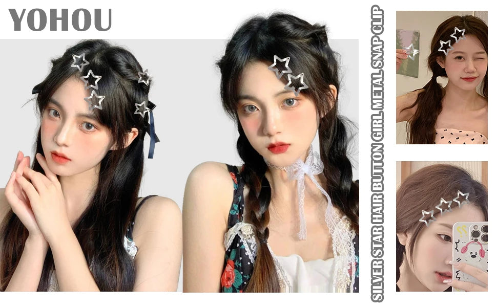 2/50PCS Y2K Silver Star Hair Clips – Filigree Metal Snap Hairpins for Girls, Nickel-Free Hair Jewelry Barrettes