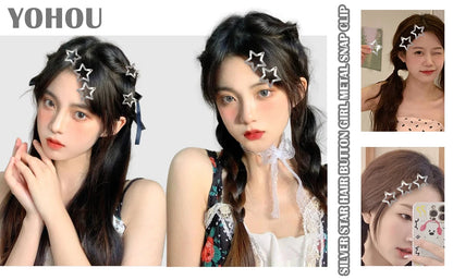 2/50PCS Y2K Silver Star Hair Clips – Filigree Metal Snap Hairpins for Girls, Nickel-Free Hair Jewelry Barrettes