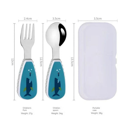 Toddler Dinosaur Spoon & Fork Set - Stainless Steel Cartoon Feeding Utensils with Short Handle for Kids