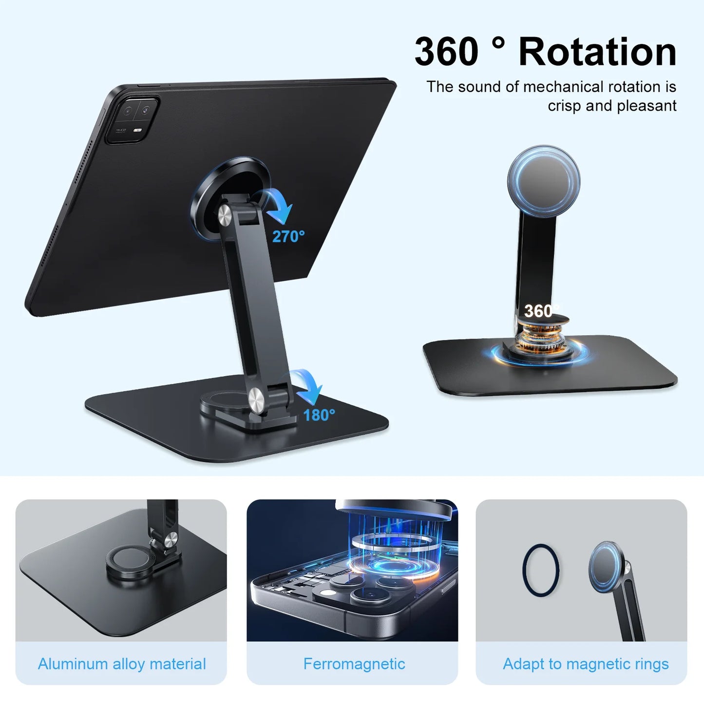 Black Magnetic 360° Rotatable Metal Stand – Stable Holder for 7–21.5" Monitors, iPad & iPhone, Supports up to 3KG