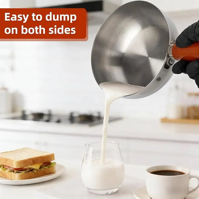 Stainless Steel Milk Pot - Heat-Resistant Wooden Handle, Non-Slip Base & Induction Compatible Design