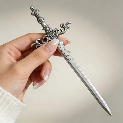 Silver Sword Hair Stick - Ornate Star Medieval Fantasy Cosplay Hair Accessory