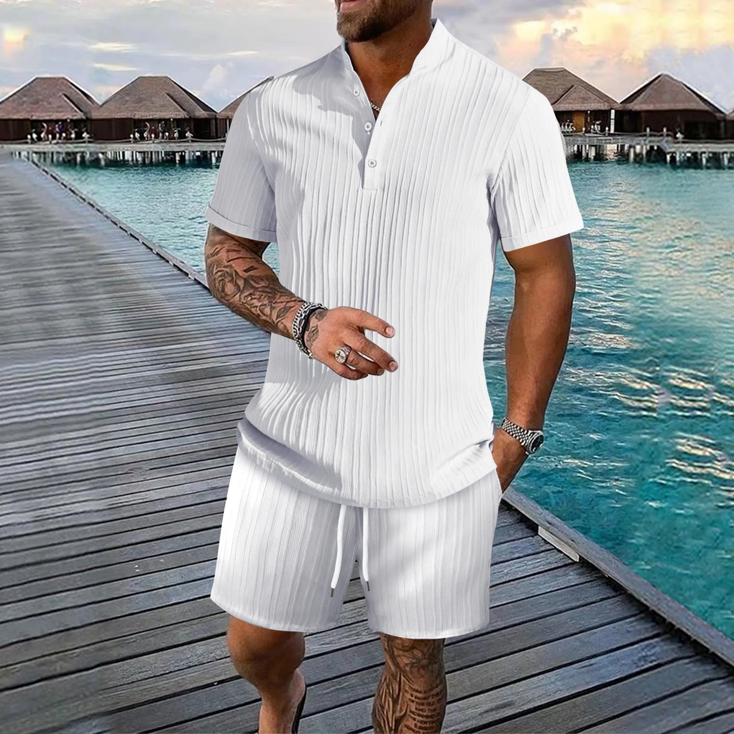 Men's Striped Jacquard Beach Shirt & Shorts Set — Spring Summer Casual Loose Fit, Europe & US Style
