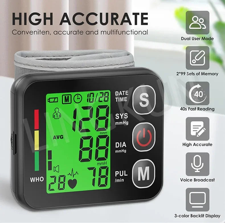 English Voice Digital Wrist Blood Pressure Monitor – High-Accuracy Electronic Sphygmomanometer Tonometer