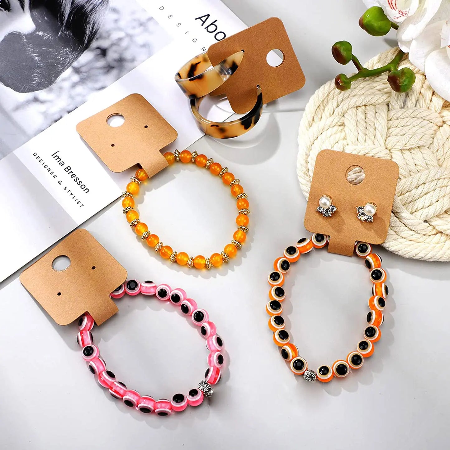 50PCS Self-Adhesive Kraft Paper Cards — 4x10cm Bracelet & Necklace Jewelry Holders for Small Business Retail Display Packaging