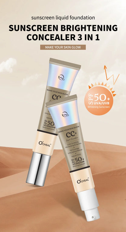 Ocheal 30g CC Cream Foundation – Waterproof Concealer, Moisturizing Sunscreen, SPF 50+, Long-Lasting Brightening Makeup Primer
