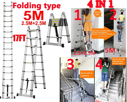 16.5FT (5M) Telescopic Aluminium Ladder – Extendable Folding Ladder with Non-Slip Steps, 150kg Load Capacity