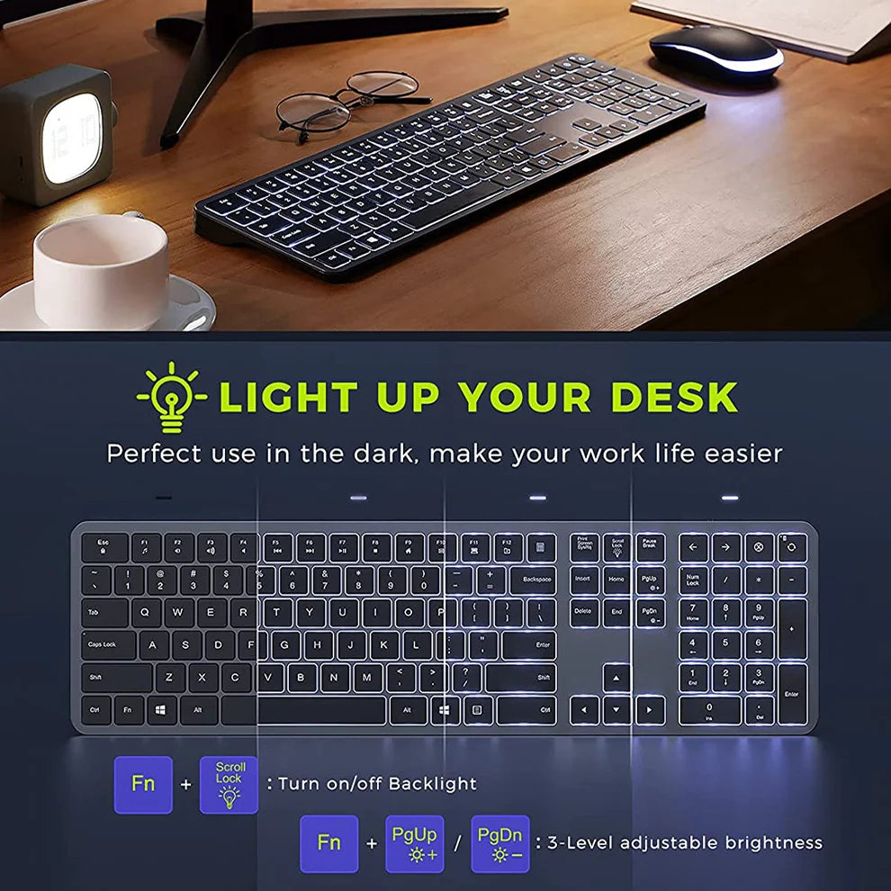 Wireless Backlit Keyboard and Mouse Combo – 2.4G USB Rechargeable Silent Full-Size Slim Set