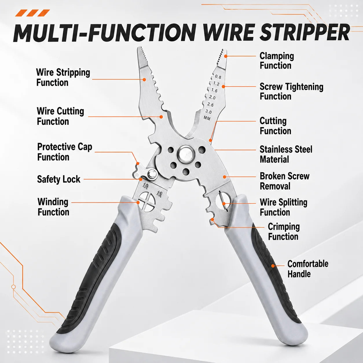8.5 Inch Heavy Duty Wire Stripper Pliers - Stainless Steel Electrical Cutter and Crimper Tool with Ergonomic Grip