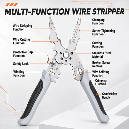8.5 Inch Heavy Duty Wire Stripper Pliers - Stainless Steel Electrical Cutter and Crimper Tool with Ergonomic Grip