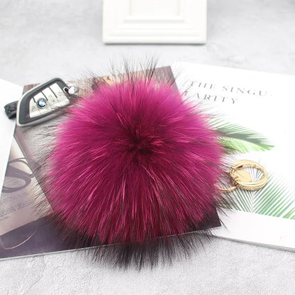 Luxury 15cm Fluffy Real Raccoon Fur Pom Pom Keychain – High-Quality Metal Ring Pendant for Women