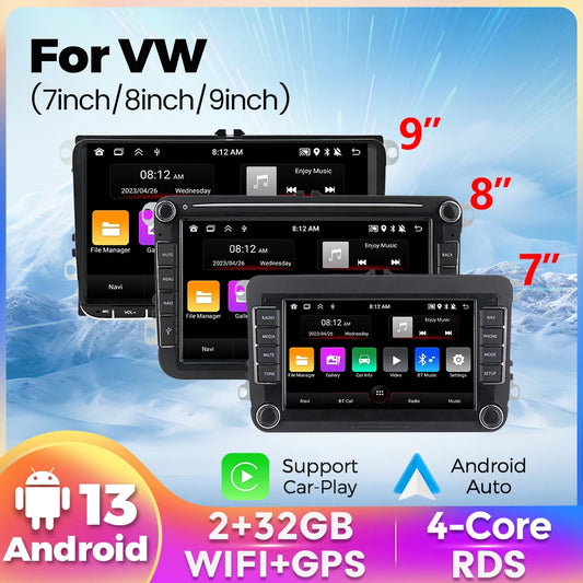 Android 13 Wireless CarPlay Multimedia Player – 7/8/9" IPS Screen GPS & WiFi Car Radio for VW Passat, Golf, Polo, Jetta & Skoda