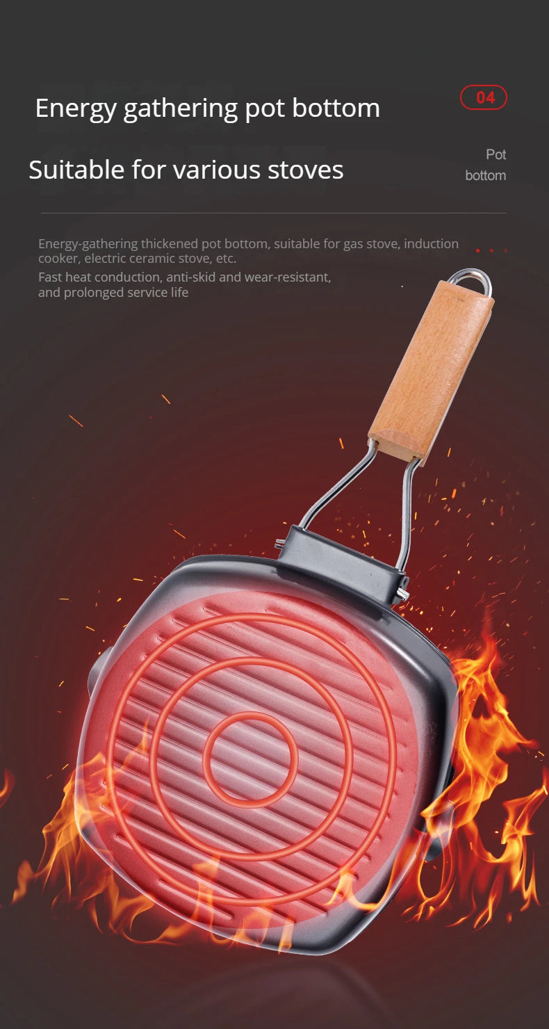 Foldable Portable Grill Pan – Double-Mouth Steak Pan with Anti-Scald Wooden Handle for Outdoor Cooking