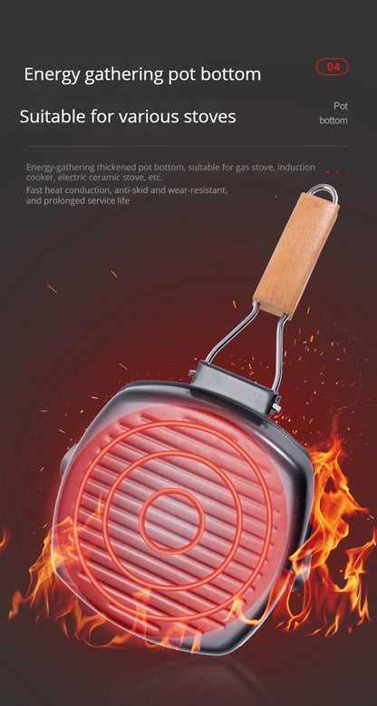 Foldable Portable Grill Pan – Double-Mouth Steak Pan with Anti-Scald Wooden Handle for Outdoor Cooking
