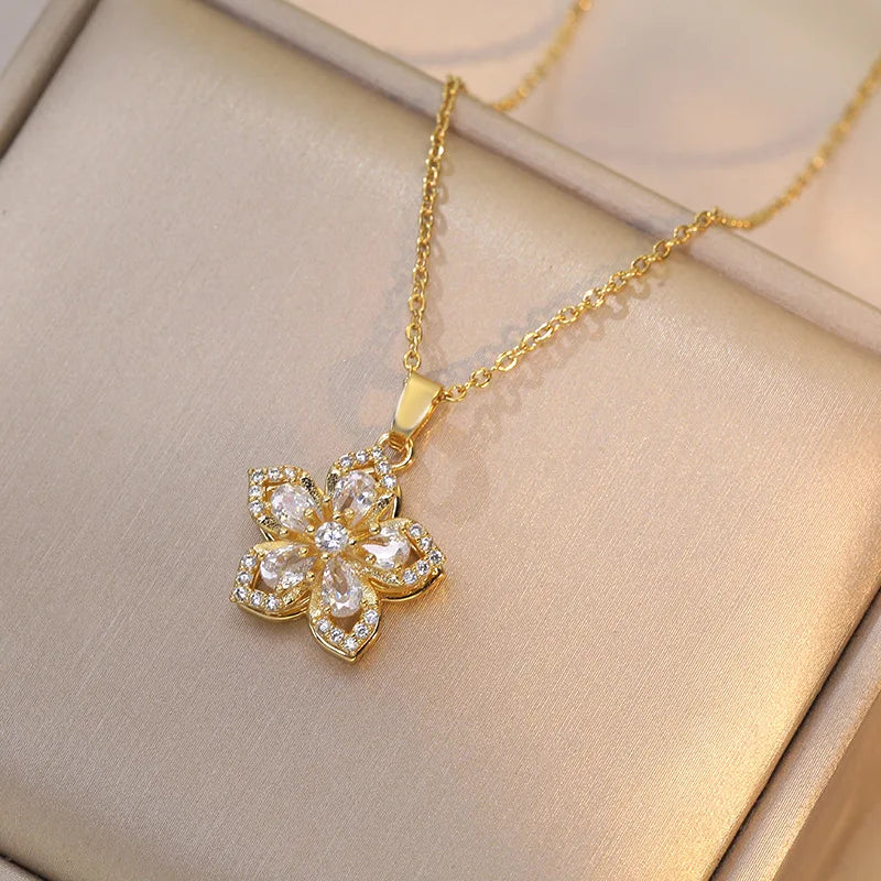 Light Luxury Gold Zircon Flower Pendant Necklace for Women - Elegant Party Jewelry Gift