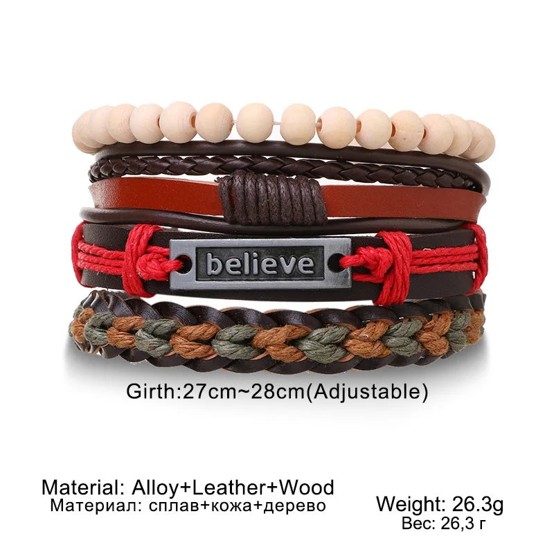 4Pcs Men's Braided Leather Bracelets Set – Vintage Life Tree & Rudder Charms, Wood Beads, Ethnic Tribal Wristbands