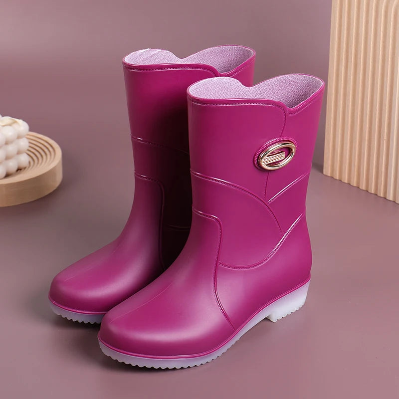 Women’s Fashion Mid-Tube Rain Boots – Wear-Resistant, Waterproof Rubber Shoes with Thick Sole, Non-Slip & Cotton Lining