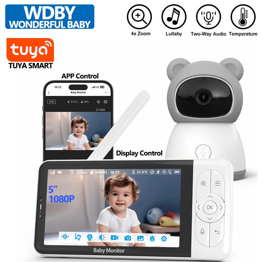 Tuya Smart 5" 1080P Wireless Video Baby Monitor – App Control, Temperature Detection, 2-Way Audio & Night Vision Baby Nanny Camera