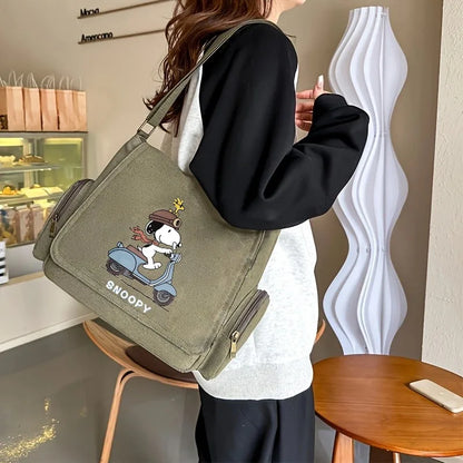 Snoopy Canvas Shoulder Bag – Large Multi-Pocket Cartoon Print Crossbody Messenger Bag for Women & Travel
