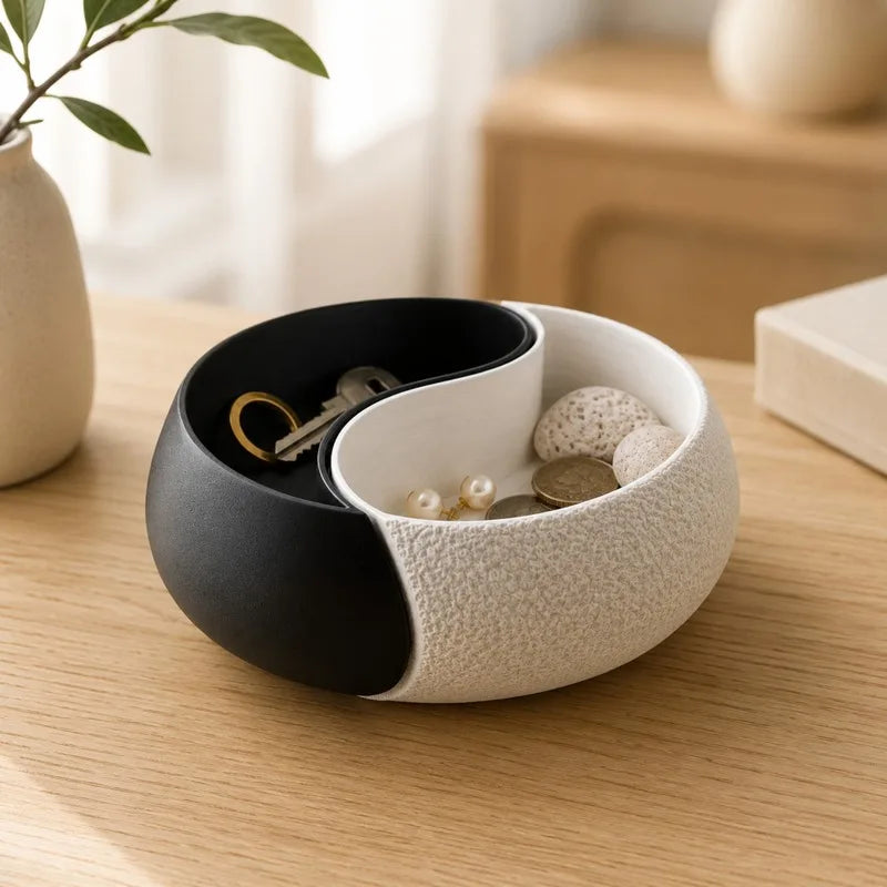 3D Printed Yin-Yang Storage Bowl - Double Compartment Jewelry Tray & Key Holder for Desk Decor