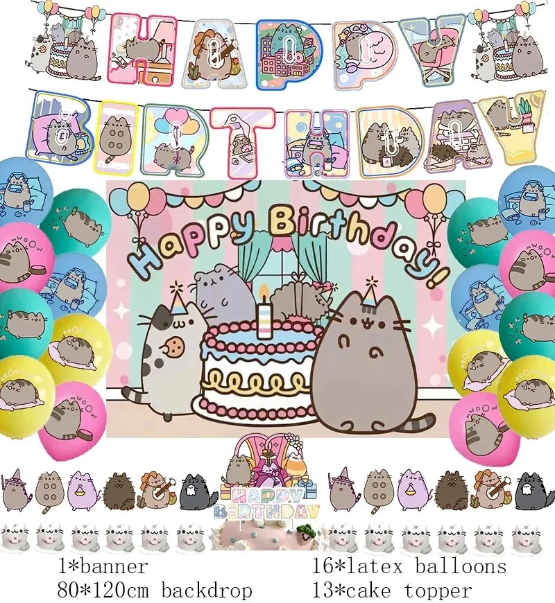 Pusheen Cat Birthday Party Decorations - Cartoon Pet Theme Balloons, Banner, Backdrop, Cake Topper, and Baby Shower Stickers