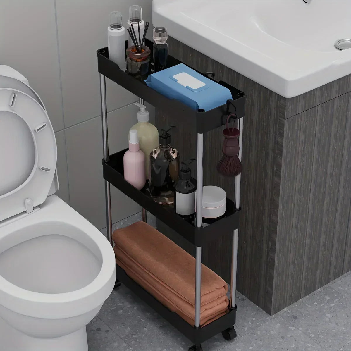 Bathroom Storage Rack with Wheels - 3/4 Layer Rolling Utility Cart & Multi-Purpose Corner Shelf Organizer