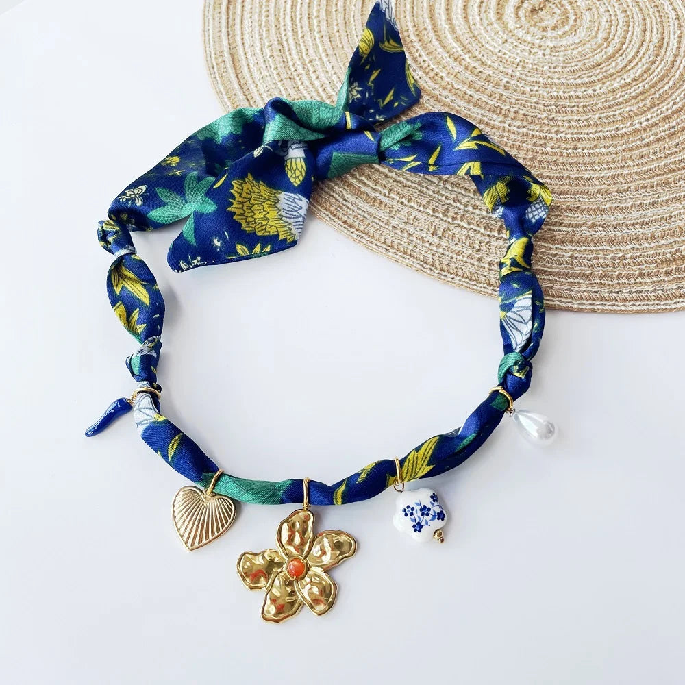 Bohemian Fabric Scarf Necklace - Sea Life, Heart & Floral Charm Pendant Vacation Jewelry Gift for Women