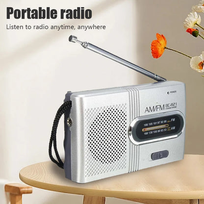 BC-R2 Portable Retro Radio — Mini Dual-Band AM/FM Music Player with Telescopic Antenna, Stereo Speaker for Outdoor Use
