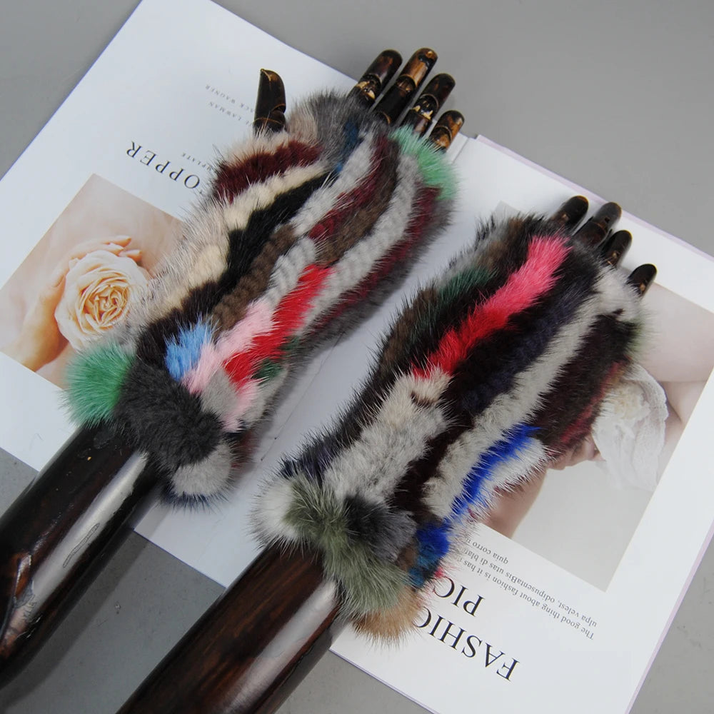 Women’s Winter Mink Fur Gloves – 100% Natural Fingerless Knitted Mittens for Warmth