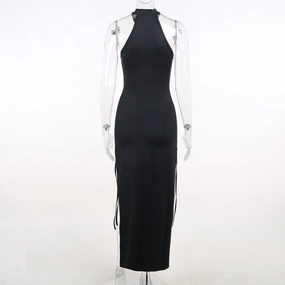 Gothic Dark Cosplay Dress – High Split Y2K Bandage Halter Slim Midi Black Grunge Partywear