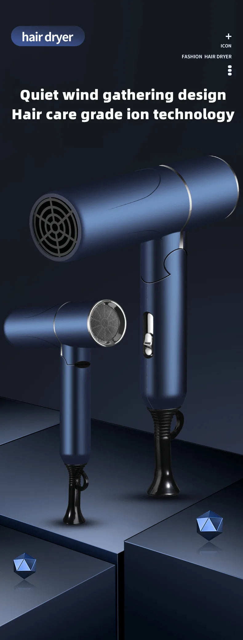 Professional Foldable Hair Dryer with Negative Ions & Blue Light – High Power Salon & Home Use