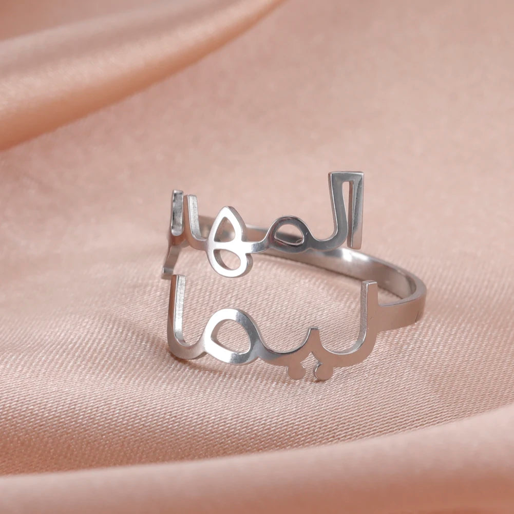 Custom Fishhook Double Name Finger Ring - Personalized Family & Couple Love Gift for Women & Men, Gold Stainless Steel Jewelry