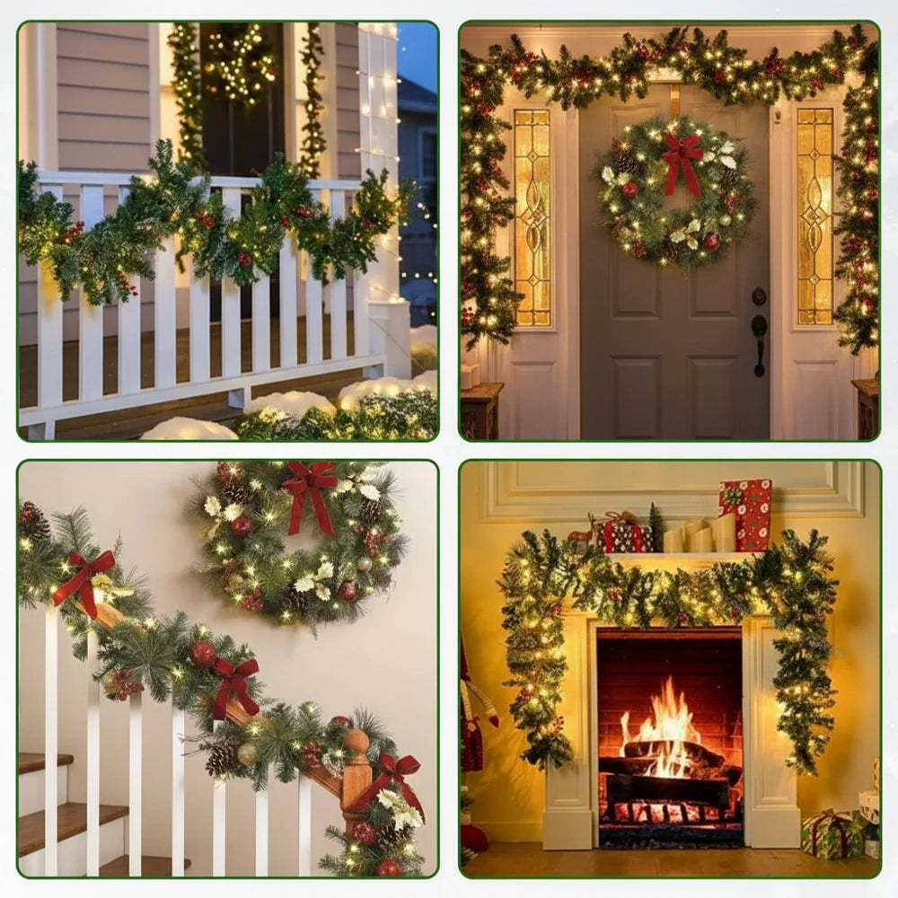 Christmas Garland Wreath with Pinecones & Red Berries – Artificial LED Rattan Decor for Tree, Stairs & Door
