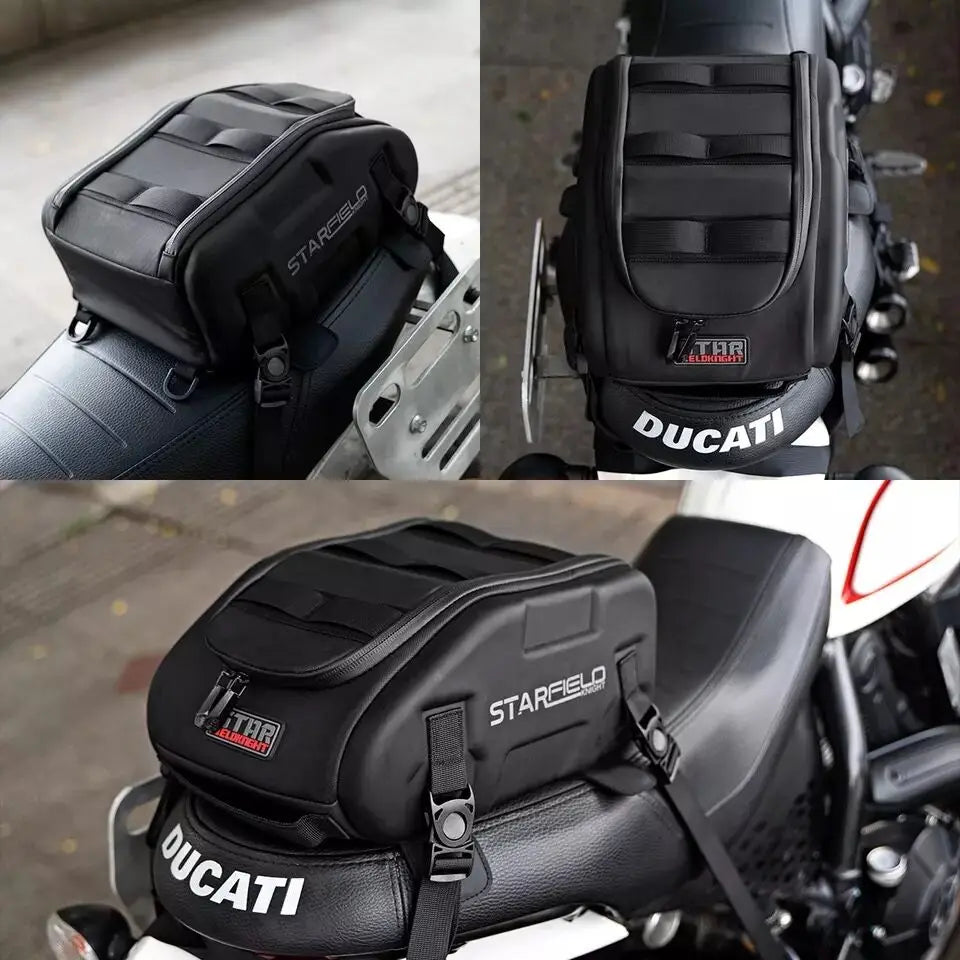Waterproof Motorcycle Seat Back Bag – Large Capacity Hard Tail Box Luggage for Racing & Riding, Black Fuel Tank Motorbike Storage