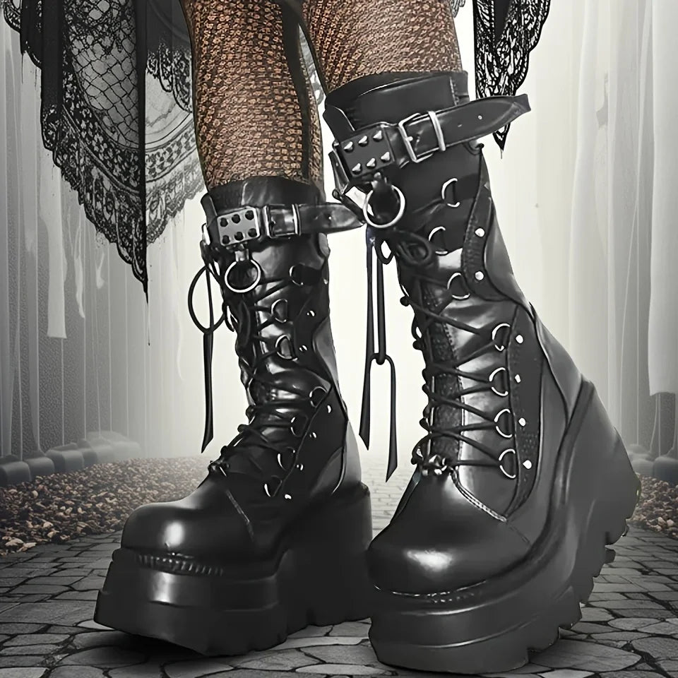 Brand New Women’s Goth Platform Boots – Punk Rivet Buckle Wedge High Heel Party Street Cosplay Shoes