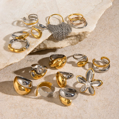 Vintage 18K Gold Plated Stainless Steel Ring – Double Line Irregular Open End Jewelry for Women