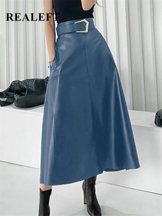 High Waist Faux Leather Long Skirt for Women – REALEFT Belted PU Leather Umbrella Skirt Autumn Winter Fashion