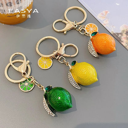 EASYA Vintage Imitation Fruit Charm Keychain – Lemon, Persimmon & Strawberry Glass Pendant, Luxury Jewelry for Women