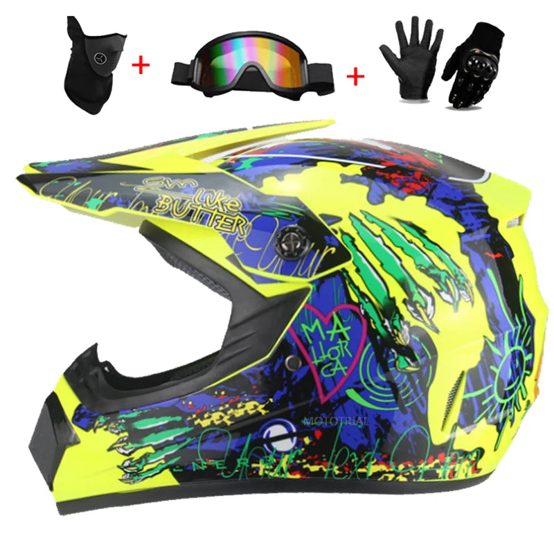 Youth & Kids Motorcycle Full Helmet - Children’s Motocross Casco Moto, Off-Road Protective Helmet with Goggles & Gloves