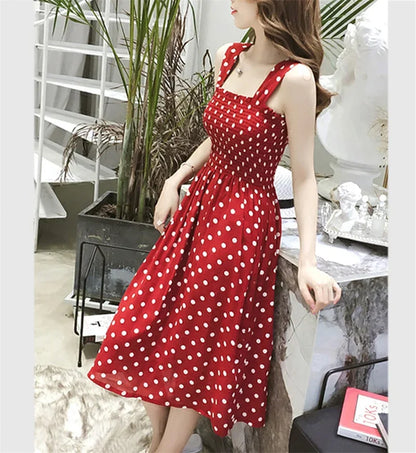 Women’s Summer Polka Dot Dress – Elegant Sleeveless Chiffon Long Dress with Square Neck, Casual & Discount Vestidos