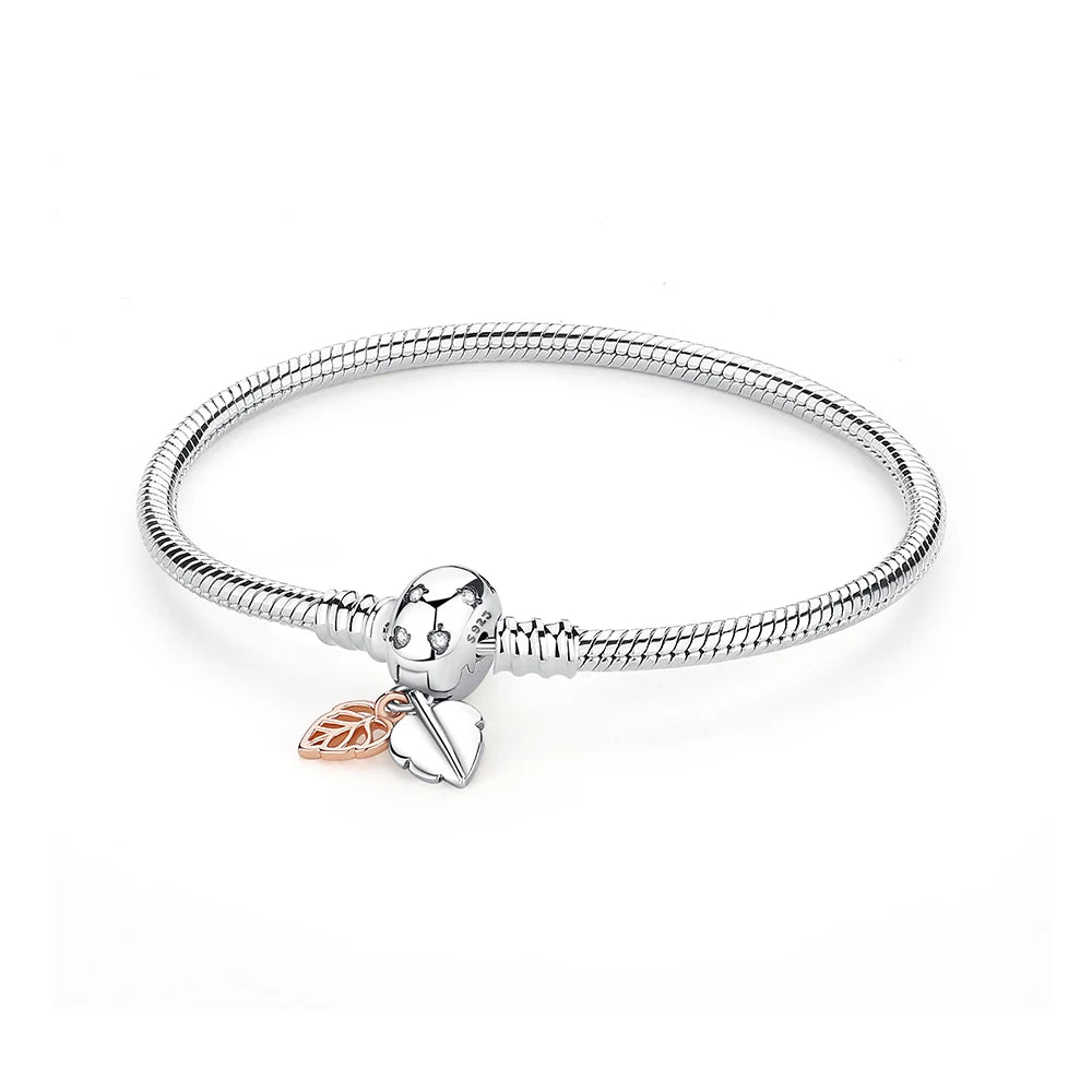925 Sterling Silver Love Heart Charm Bracelet – Rose Gold Snake Chain Bangle for Women | DIY Luxury Bead Jewelry Accessories